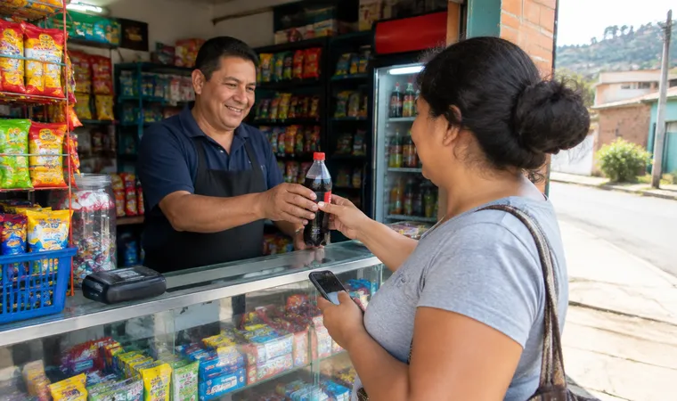 Tendero de barrio atendiendo a una vecina que llega a recargar su celular