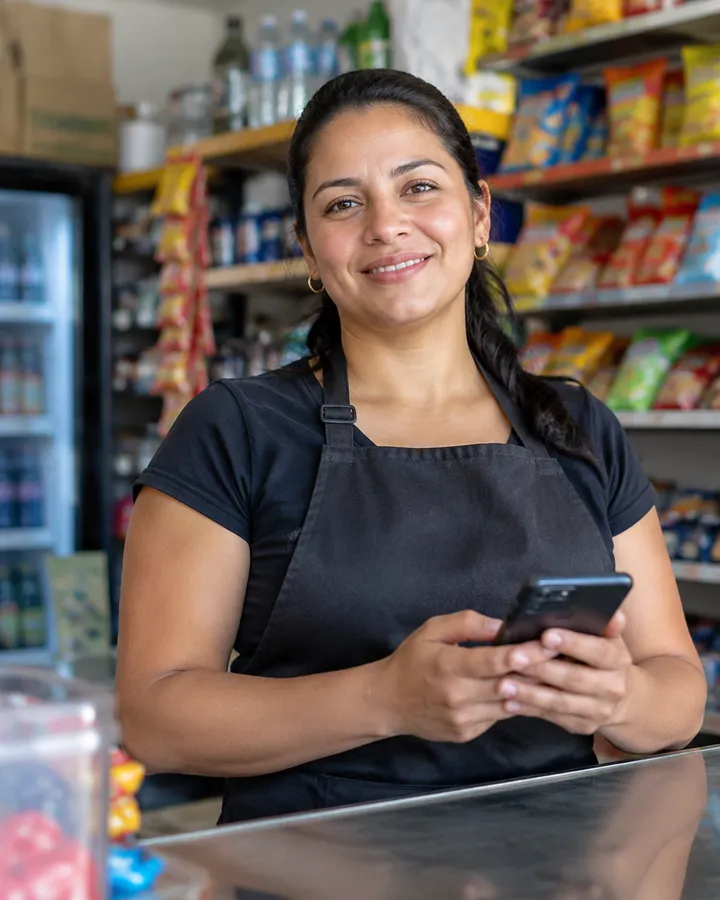 Emprendedora en su tienda de barrio ofreciendo servicios desde el celular