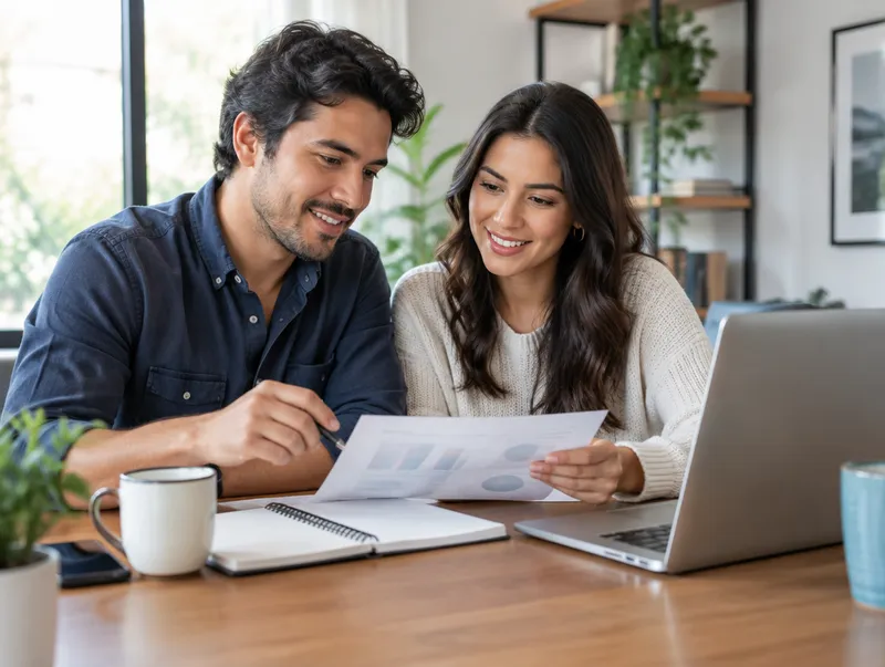 Pareja de emprendedores revisando su plan de negocio